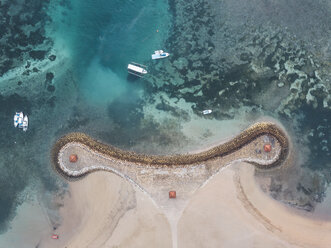 Indonesia, Bali, Aerial view of Nusa Dua beach, pier and boats from above - KNTF01282