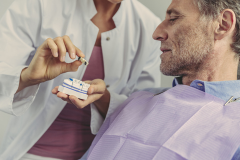 Zahnarzt erklärt dem Patienten eine Zahnbrücke an einem Zahnmodell, lizenzfreies Stockfoto