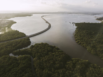 Indonesia, Bali, Aerial view of a road crossing mangrove forest at the coast - KNTF01311