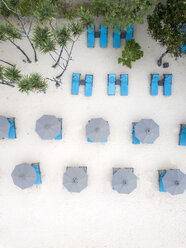 Indonesia, Bali, Aerial view of Nusa Dua beach, sun shades from above - KNTF01350