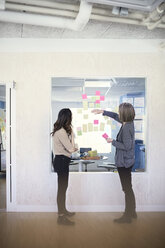 Side view of female business professionals discussing over adhesive notes stuck on glass in office - MASF08987
