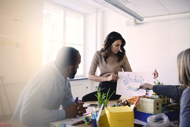 Männliche und weibliche Ingenieure diskutieren über ein Diagramm am Tisch während einer Besprechung im Büro - MASF09002