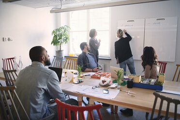 Female engineer explaining colleagues over whiteboard during meeting in office - MASF09016