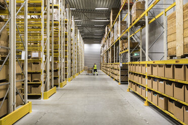 Mid distance view of senior male warehouse worker pushing cart on aisle in industrial building - MASF09160