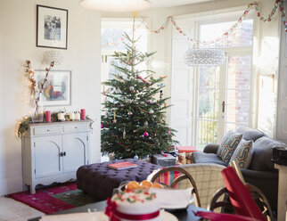 Festlich geschmückter Weihnachtsbaum und Wohnzimmer - HOXF03883