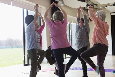 Aktive ältere Frauen, die Yoga-Baumhaltung üben - CAIF21885