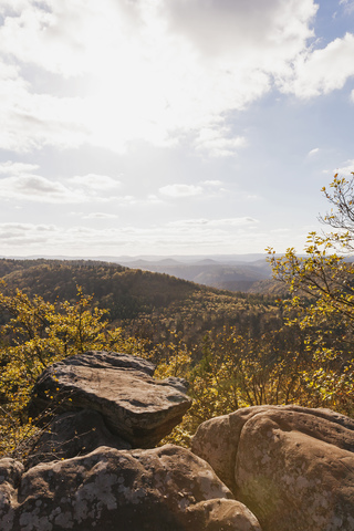 Deutschland,Rheinland-Pfalz, Pfalz, Blick vom Drachenfels, Naturpark Pfälzerwald im Herbst, lizenzfreies Stockfoto