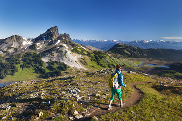 A young woman hiking on the Panorama Ridge Trail in Garibaldi Provincial Park, British Columbia, Canada. - AURF04218