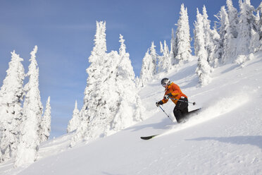 A Fit Female Skier Makes A Turn In Fresh Powder At Whitefish Mountain Resort In Whitefish, Montana - AURF04456