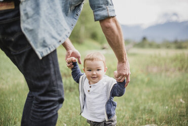 Father walking with baby son in grassy field - CAIF22020