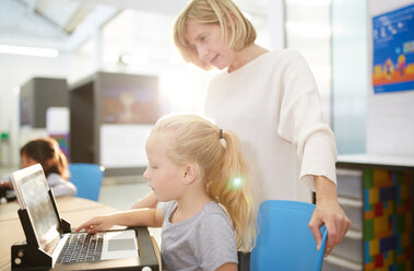 Lehrerin und Schülerin benutzen Laptop im Wissenschaftszentrum - CAIF22095