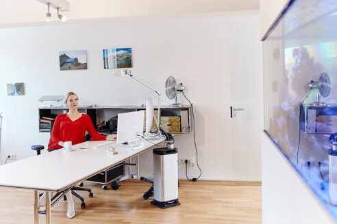 Junge Frau sitzt am Schreibtisch im Büro mit einem Aquarium - RHF02149