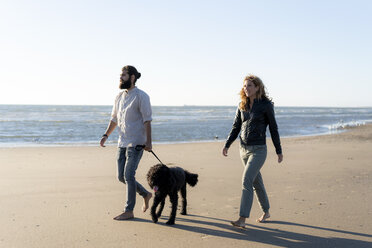 Junges Paar geht mit seinem Hund am Strand spazieren - HHLMF00475