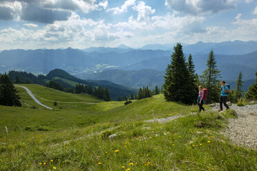 Deutschland, Bayern, Brauneck bei Lenggries, junges Paar beim Wandern in alpiner Landschaft - LBF02081