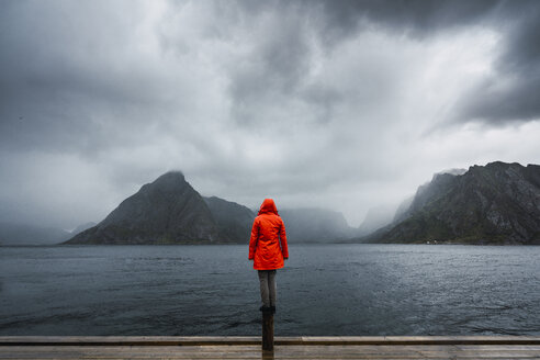 Norway, Lofoten, rear view of man balancing on a pole at the coast - KKAF01872