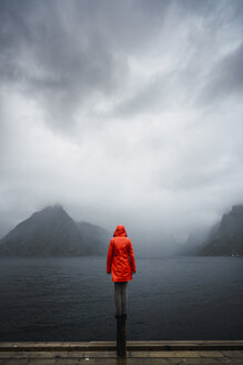 Norway, Lofoten, rear view of man standing on a pole at the coast - KKAF01874