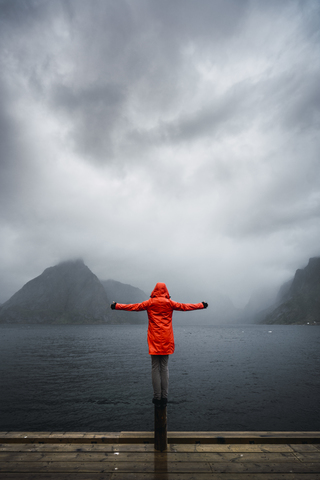 Norway, Lofoten, rear view of man balancing on a pole at the coast stock photo