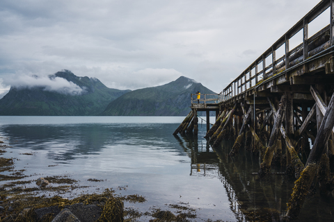 Norwegen, Insel Senja, Mann steht auf einem Steg an der Küste, lizenzfreies Stockfoto