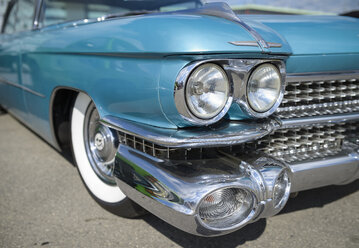 Detail of oldtimer, turquoise Cadillac - RJF00804