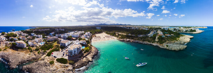 Spain, Mallorca, Portocolom, Aerial view of Punta des Jonc, Bay of Cala Marcal, beach - AMF05912