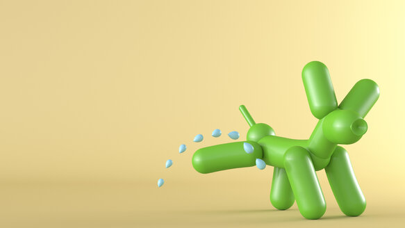 3D Rendering, Pinkelnder grüner Ballonhund vor gelbem Hintergrund - AHUF00530