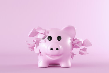 3D Rendering, Sparschwein zerspringt vor rosa Hintergrund - AHUF00533