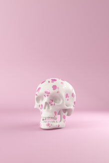 3D Rendering, Schädel mit rosa Rosen vor rosa Hintergrund verziert - AHUF00542