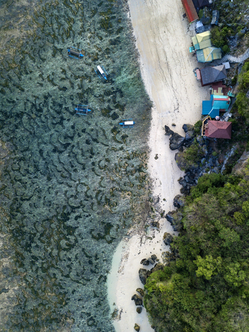 Indonesien, Bali, Padang, Luftaufnahme von Thomas Strand, Banca Boote, lizenzfreies Stockfoto