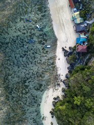 Indonesia, Bali, Padang, Aerial view of Thomas beach, Banca boats - KNTF01773