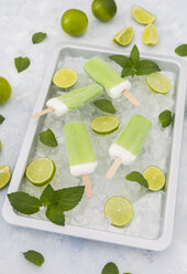 Lime mint popsicles, slices of limes and mint leaves on crushed ice - JUNF01256