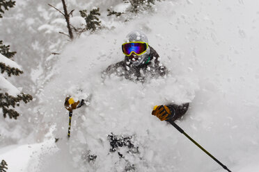 Skier covered in powder snow, Snowbird, Utah, USA - AURF05582