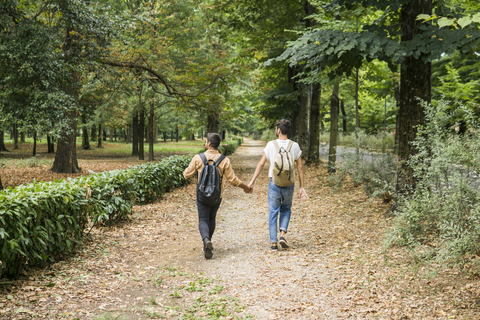 Rückenansicht eines jungen schwulen Paares mit Rucksäcken, das Hand in Hand in einem herbstlichen Park spazieren geht, lizenzfreies Stockfoto