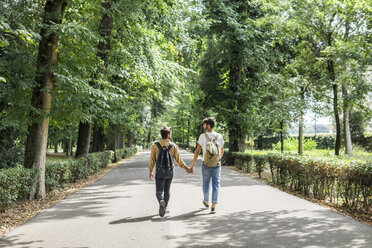 Back view of young gay couple with backpacks walking hand in hand on a road - FBAF00084