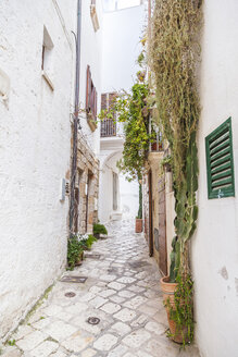 Italien, Apulien, Polognano a Mare, enge Gasse in der historischen Altstadt - FLMF00038