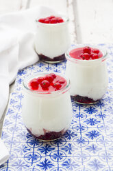 Greek yogurt with red currant sauce on blue patterned tiles - LVF07446