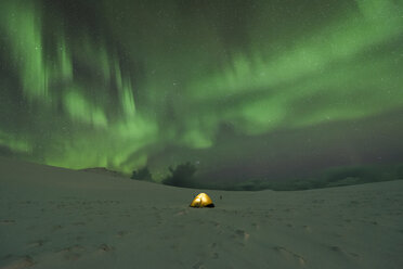 Tent in snow covered landscape with northern lights in night sky, Lofoten Islands, Norway - AURF05650