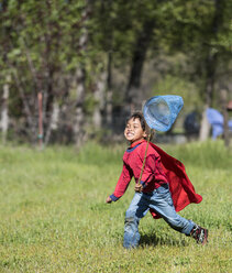 Junger asiatischer Junge jagt Schmetterlinge auf grasbewachsener Landschaft - AURF05795
