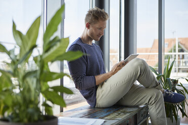 Young man sitting at the window using tablet - RBF06786