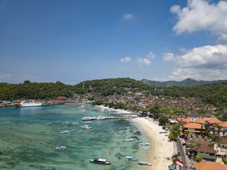 Indonesia, Bali, Aerial view of Padangbai, bay, beach - KNTF01842