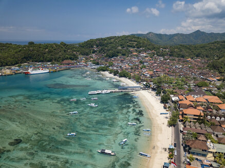 Indonesia, Bali, Aerial view of Padangbai, bay, beach - KNTF01843