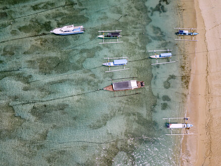 Indonesia, Bali, Aerial view of Padangbai, bay, beach, banca boats - KNTF01856