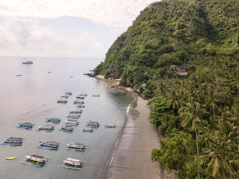 Indonesia, Bali, Aerial view of banca boats and beach stock photo