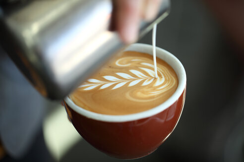 Barista gießt Milch in einen Cappuccino, Oakland, Kalifornien, USA - AURF06497