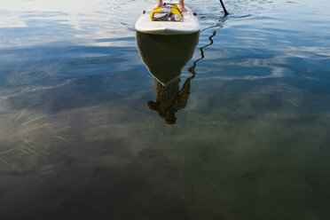 Paddleboarder reflecting on water surface, Kittery, Maine, USA - AURF06687