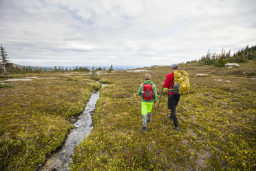 Vater und Sohn beim Wandern an einem Gebirgsbach, Merritt, British Columbia, Kanada - AURF06839