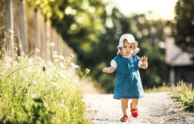 Porträt eines kleinen Mädchens, das im Sommer im Freien spazieren geht - HAPF02735