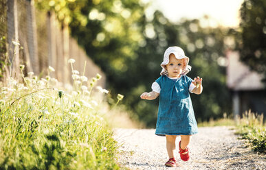 Portrait of baby girl walking outddors in summer - HAPF02735