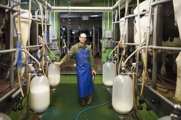 Porträt eines Milchviehhalters, der seine Kühe mit Melkmaschinen melkt, Chilliwack, British Columbia, Kanada - AURF07253