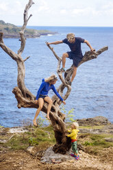 Eltern klettern mit ihrem kleinen Sohn auf einen Baum an der Küste, Bali, Indonesien - AURF07285