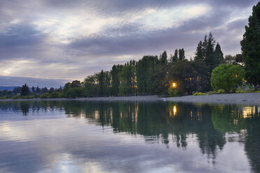 New Zealand, South Island, Shore of Lake Wanaka with sun shining through trees - RUEF01980